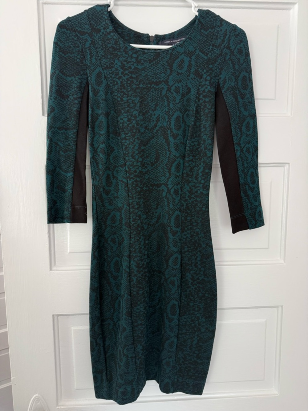 French Connection Teal Snake-Print Sheath Dress with Black Panels